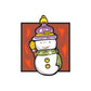 Cartoon snowman waving sticker with yellow cap, purple scarf, and green coat