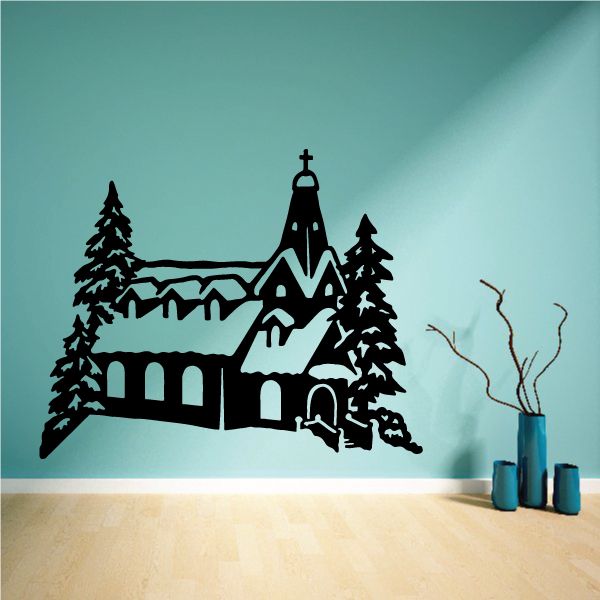 Church decal with snowy pine trees and church silhouette