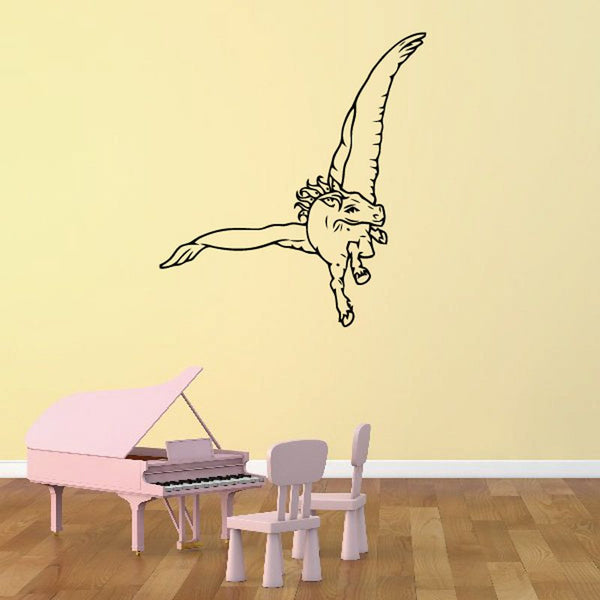 Soaring pegasus decal in black line art, wings spread and flying