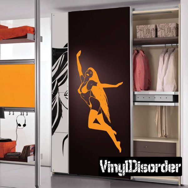 Lingerie woman soaring silhouette decal, orange figure on dark panel