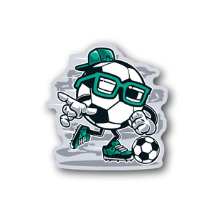 Soccer player vinyl sticker with teal helmet and glasses kicking a soccer ball