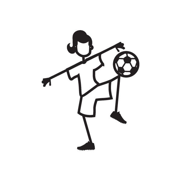 Soccer girl decal, black stick-figure playing soccer with ball