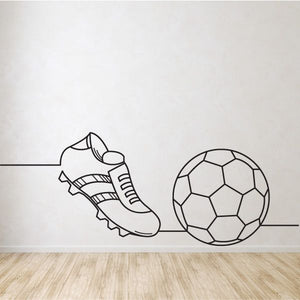 Soccer line art wall decal of a cleat kicking a soccer ball, black outline