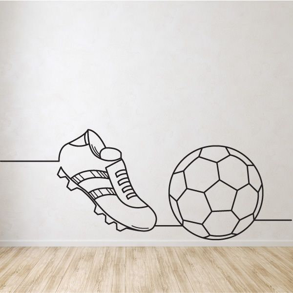 Soccer line art wall decal of a cleat kicking a soccer ball, black outline