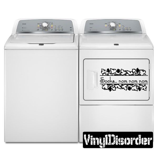 Dryer door decal: black sock doodle with 'Socks... nom nom nom' text