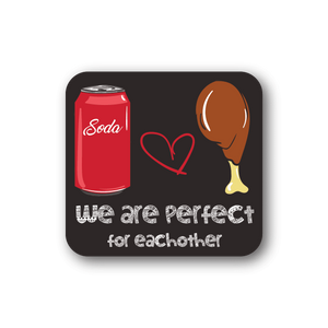 Vinyl sticker with red soda can, heart, brown drumstick, and We are perfect text.