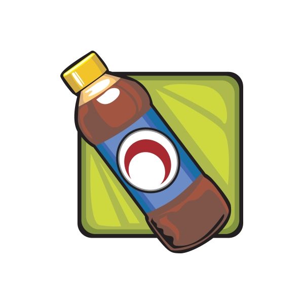 Soda bottle sticker with brown bottle and red-white emblem on green background