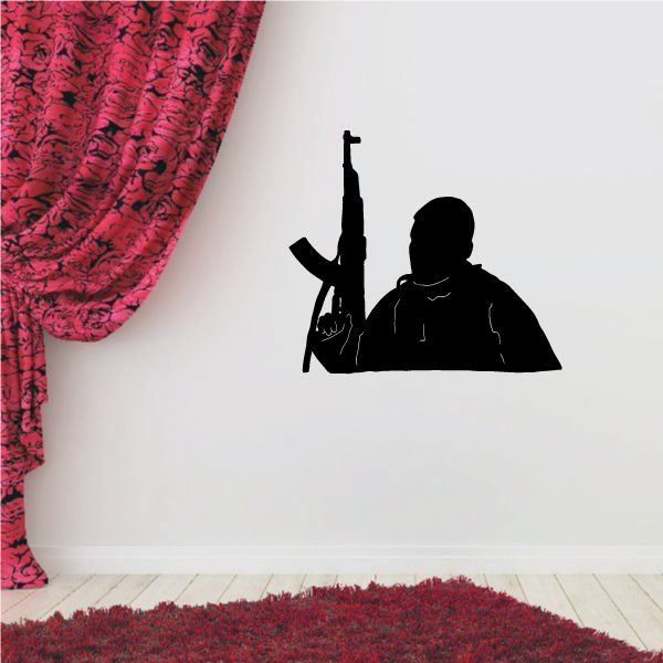 Soldier bust wall decal with AK47 design, black silhouette