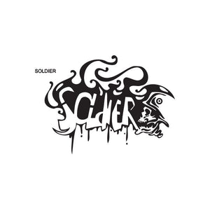Graffiti soldier decal with dripping black lettering and soldier face outline