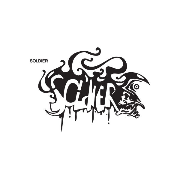 Graffiti soldier decal with dripping black lettering and soldier face outline
