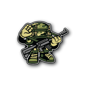 Soldier helmet vinyl sticker with camo soldier holding rifle, chibi style