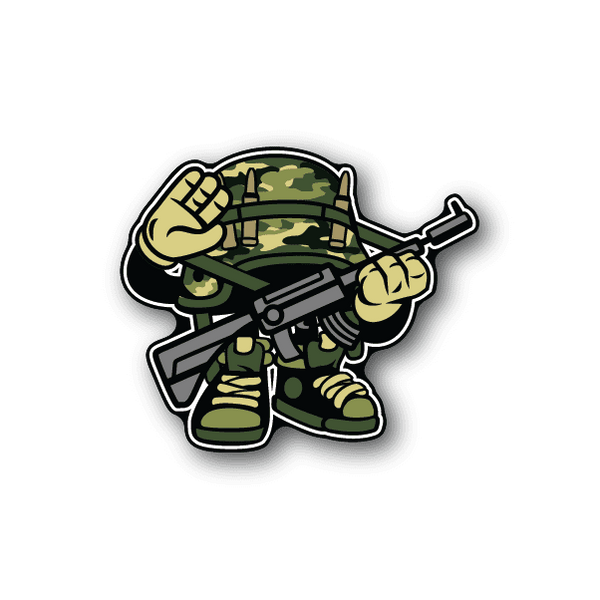 Soldier helmet vinyl sticker with camo soldier holding rifle, chibi style
