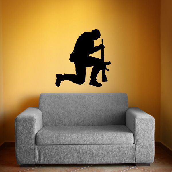 Kneeling soldier wall decal silhouette with rifle, black