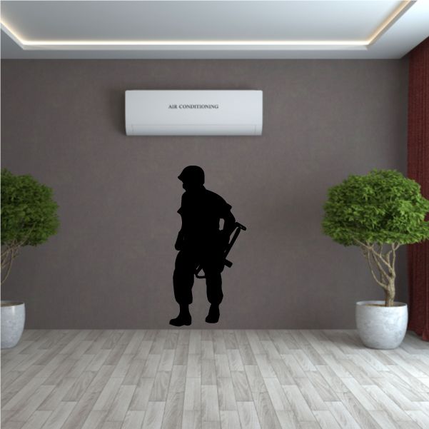 Military soldier silhouette wall decal holding rifle, matte black