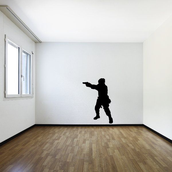 Black soldier pointing handgun decal silhouette