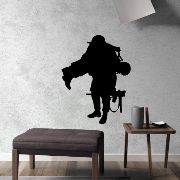 Soldier rescue wall decal with black rescue worker silhouette carrying gear
