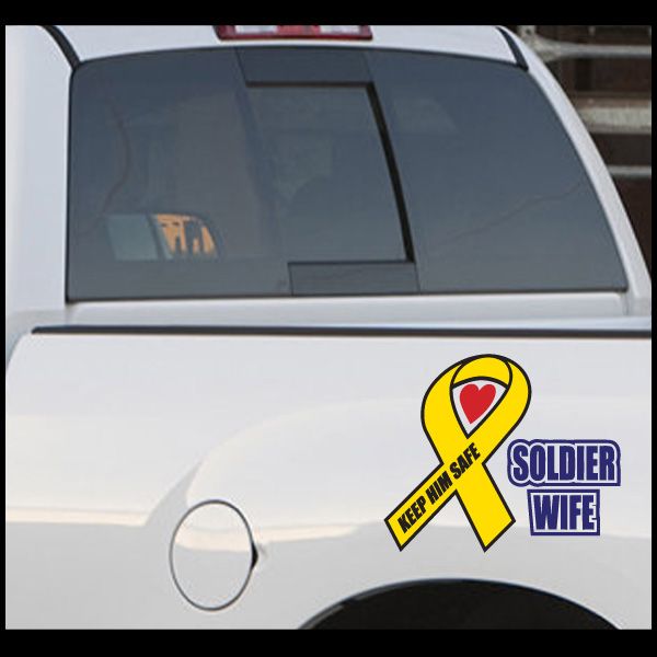 Yellow ribbon decal with heart and text 'Keep Him Safe' Soldier Wife