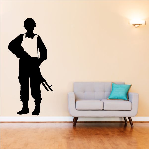 Soldier wall decal silhouette with body armor and rifle, black