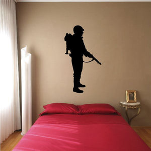 Black soldier with gear silhouette wall decal, holding rifle