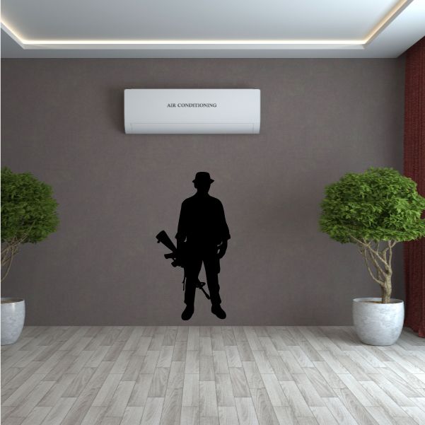 Soldier with gun decal, black silhouette standing at ease