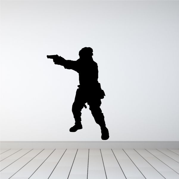 Soldier with handgun decal, black silhouette of armed figure in profile