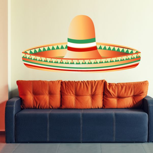 Sombrero hat vinyl wall decal with multicolor band and triangular pattern