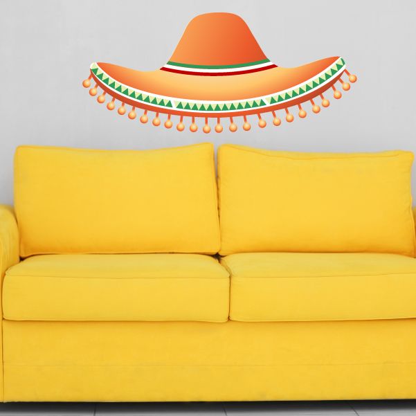 Orange sombrero wall decal with green and white band and dangling pom-pom trim