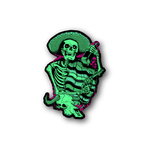 Skeleton sombrero vinyl sticker with green skull in wide-brim hat