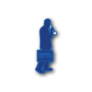 Blue vinyl sticker of a woman silhouette holding a cassette player