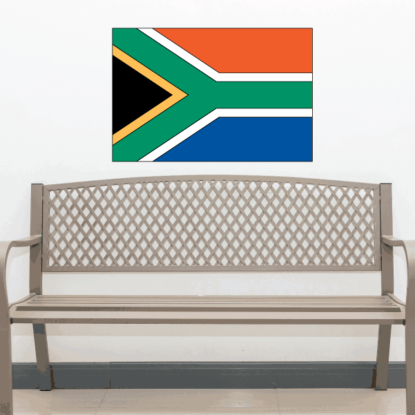 South Africa flag sticker, rectangular with green, orange, blue, white, and black