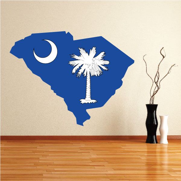 South Carolina state flag sticker: blue map with crescent moon and palmetto tree.