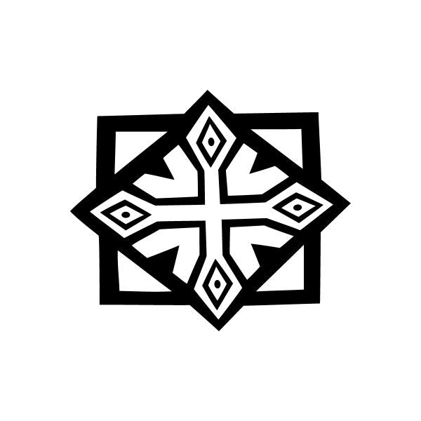 Geometric diamond cross decal, black and white with eye-shaped center design