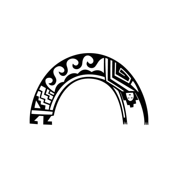 Southwestern deity decal, black and white arch-shaped with geometric patterns