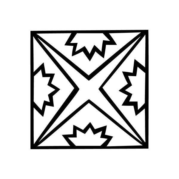 Square geometric decal with black-and-white X and zigzag pattern accents