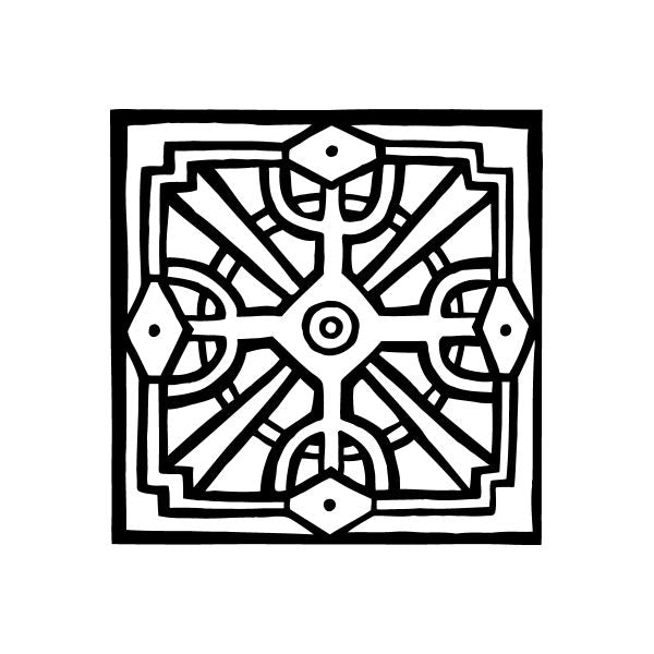 Square sunburst decal with black-and-white geometric lines