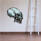 Space pirate skull sticker, teal skull with black outline and jagged teeth