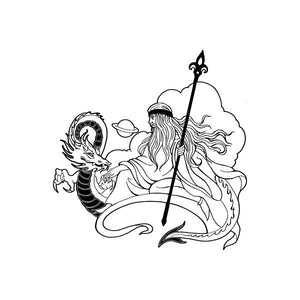 Space wizard and dragon decal with wand and sword, black line art