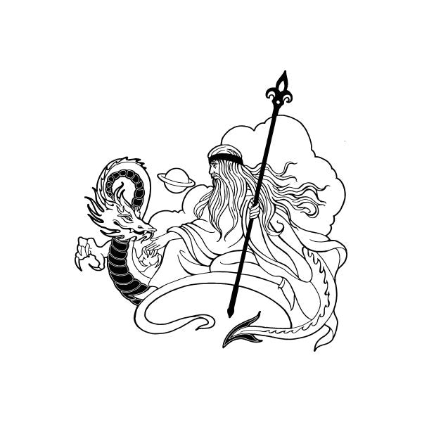 Space wizard and dragon decal with wand and sword, black line art