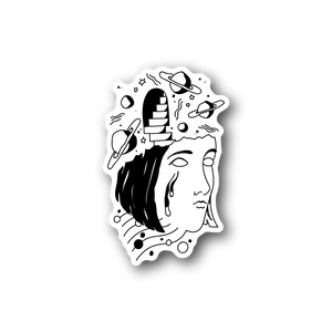 White vinyl sticker of a stylized girl face with stars and a space helmet