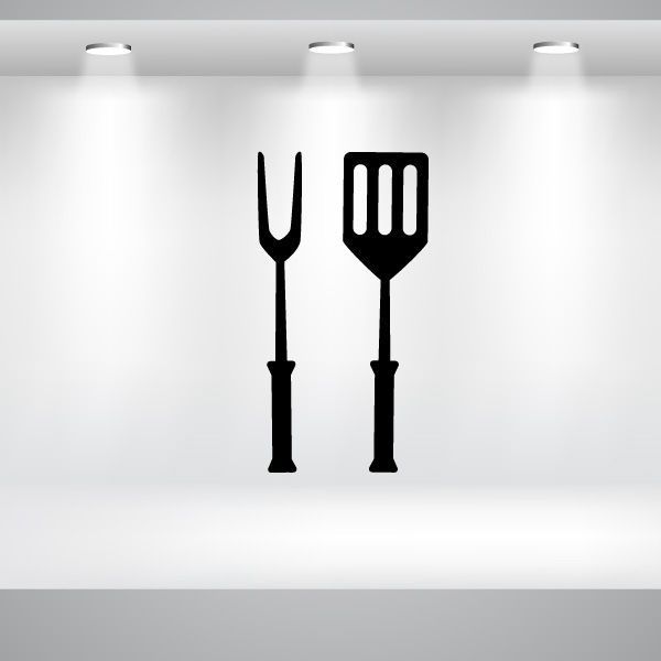Kitchen utensil decal with fork and spatula silhouettes, black.