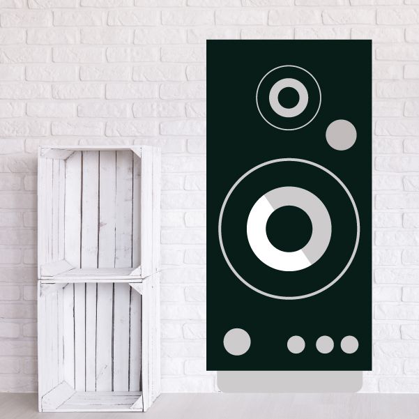 Dark green speaker wall decal with circular graphic and small dots