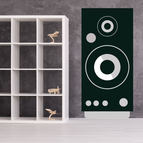 Green speaker wall decal with white circular speaker icons and row of dots