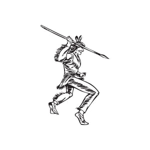 Spear throwing warrior decal, monochrome line art of Native American warrior with spear