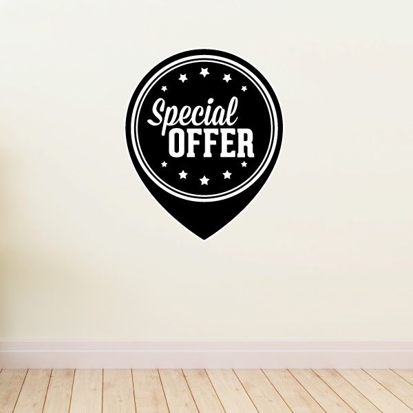 Black vinyl wall decal pin badge with white "Special OFFER" text and stars