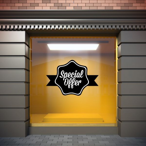 Special Offer badge wall decal, black outline with ribbon banner text