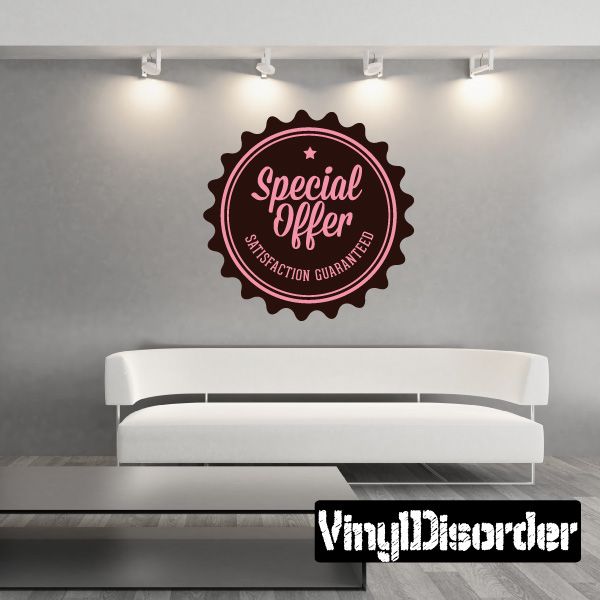 Maroon vinyl wall decal badge: 'Special Offer' and 'Satisfaction Guaranteed'
