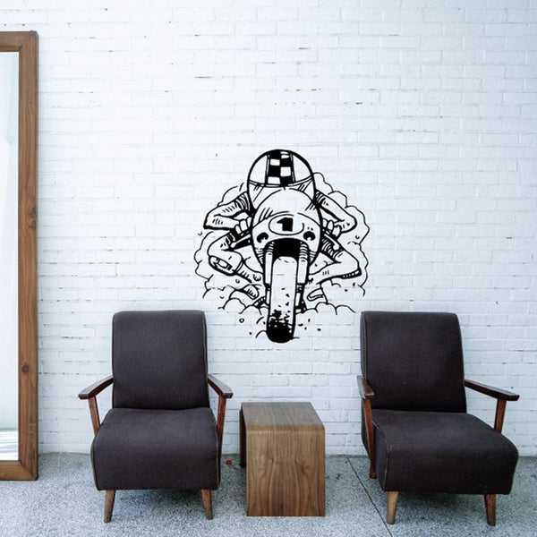 Black-and-white racing motorcycle wall decal with helmeted rider, vinyl sticker art