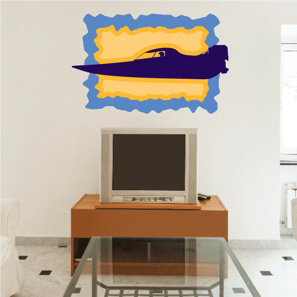 Speedboat frame sticker with yellow and purple speedboat graphic in blue outline