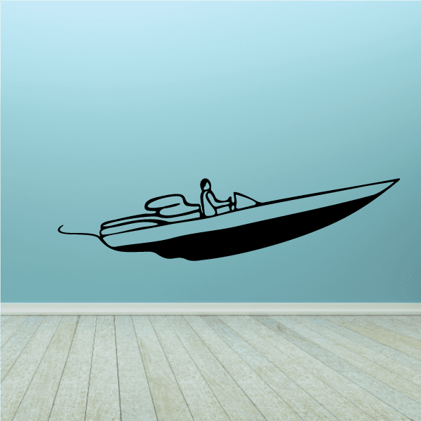 Speedboat profile decal showing a driver, black outline on light blue background