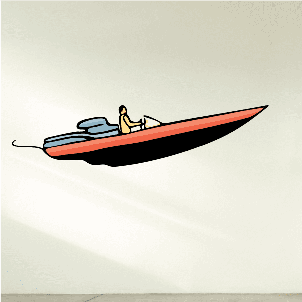 Speedboat profile sticker with orange-red hull, blue deck, and small driver figure